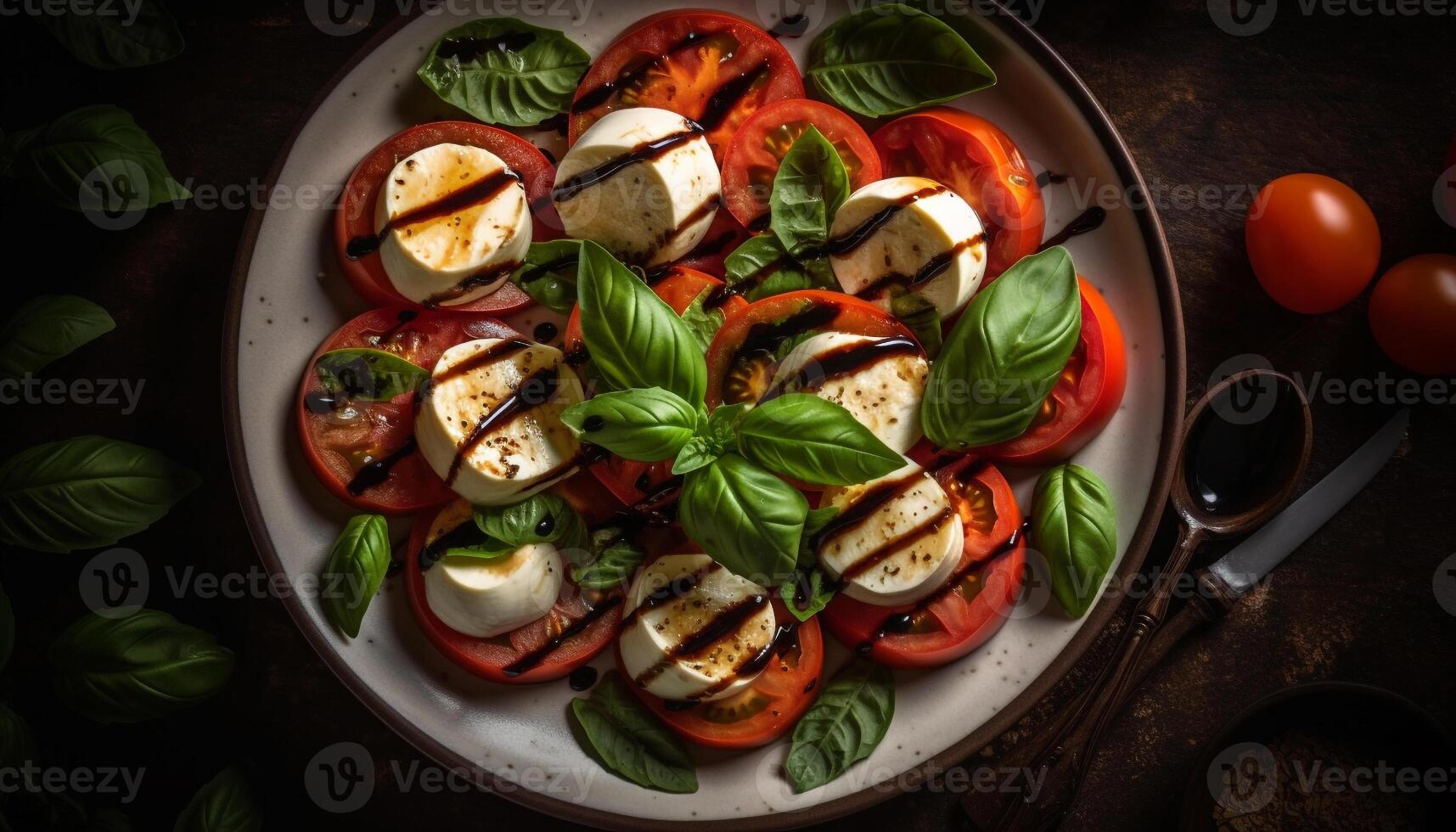 frisch Italienisch Caprese Salat mit Mozzarella, Tomate, und Kräuter generiert durch ai foto