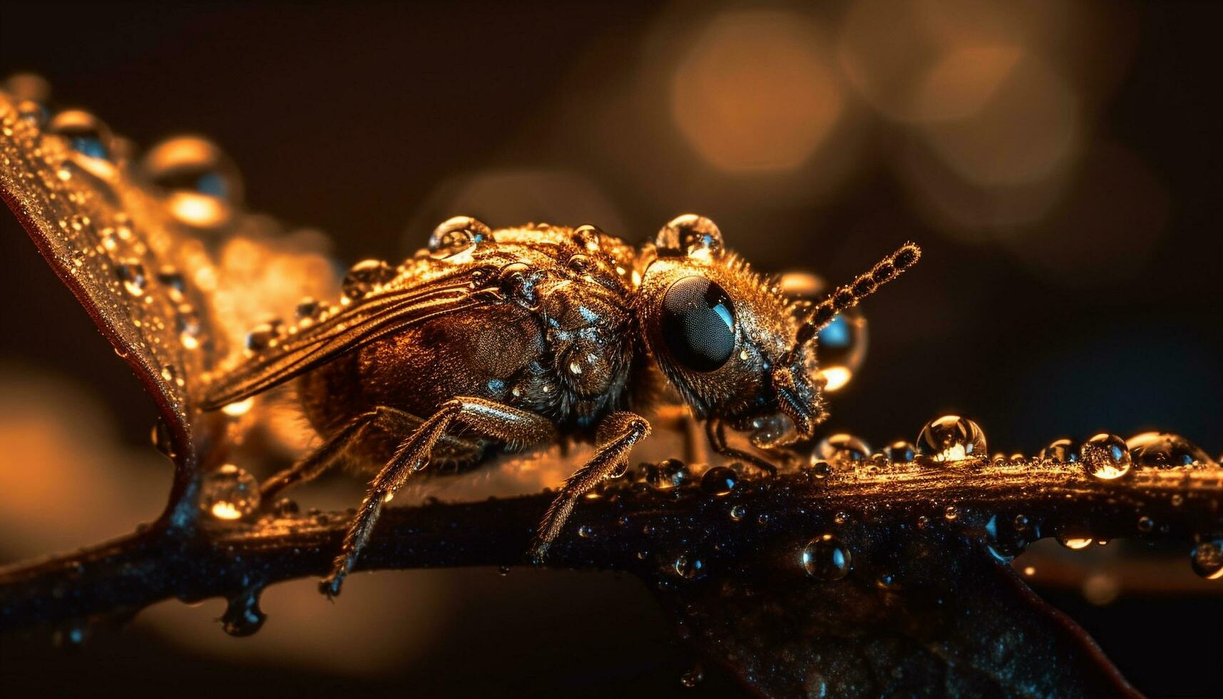 metallisch Skarabäus Käfer auf nass Blatt, Fokus auf Vordergrund generiert durch ai foto