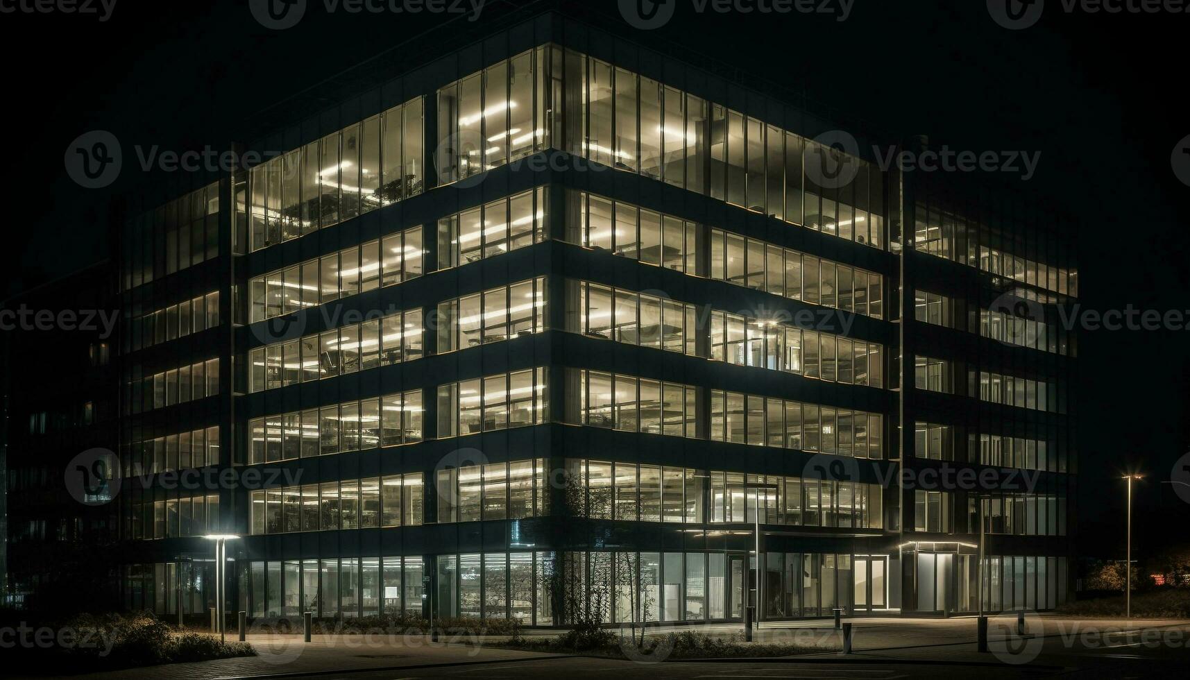 ein futuristisch Stadtbild beleuchtet durch hell Büro Beleuchtung Ausrüstung beim Dämmerung generiert durch ai foto