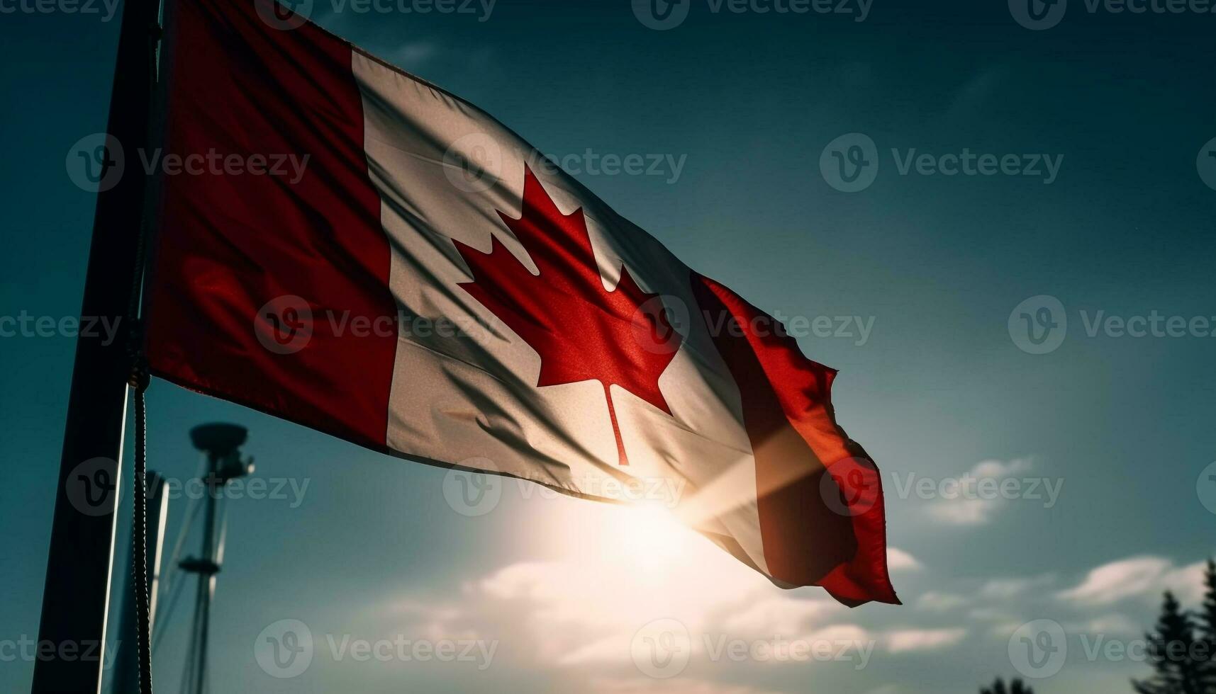 kanadisch Flagge winken im majestätisch Sommer- Sonnenuntergang generiert durch ai foto