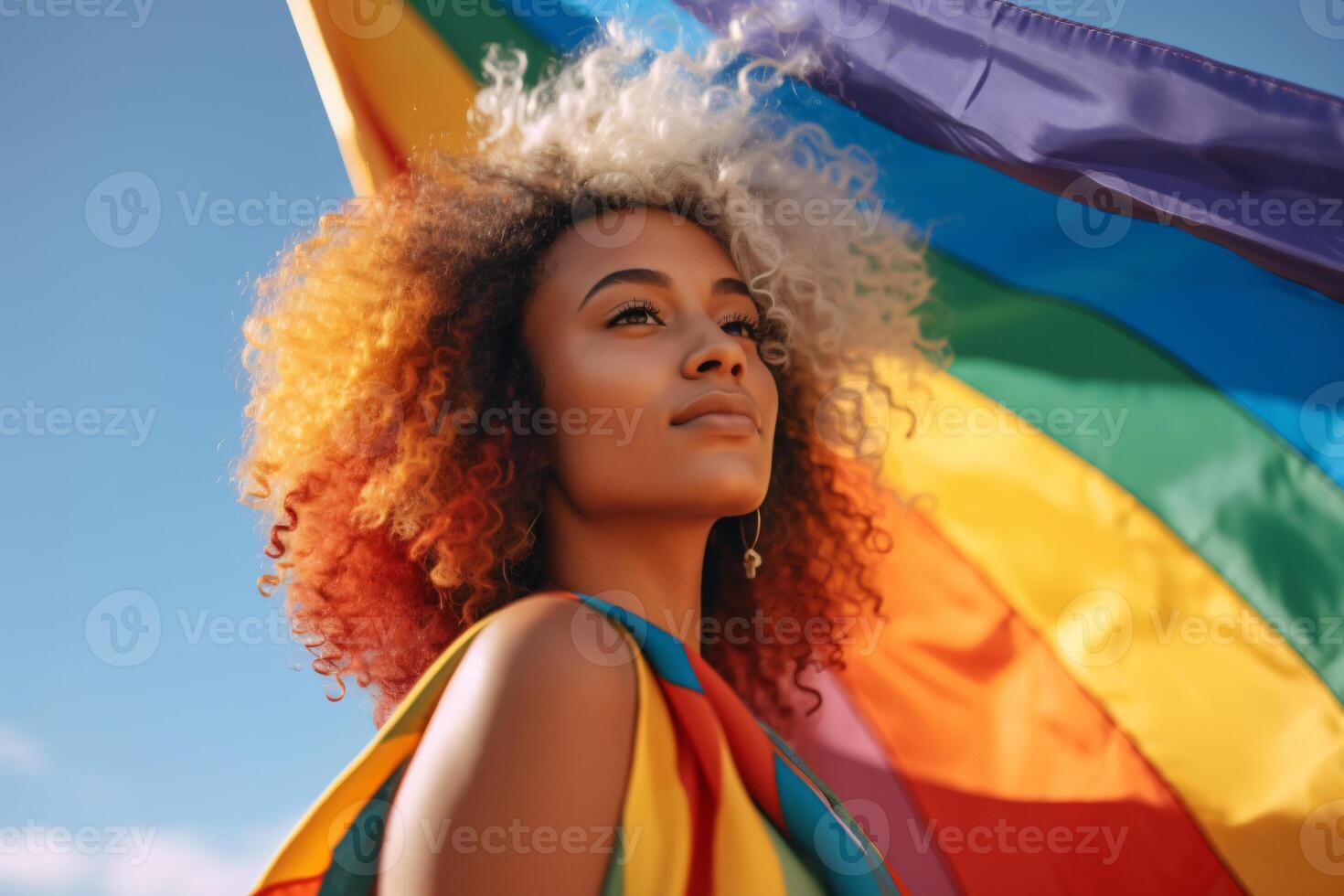 schließen oben Aussicht von ein afrikanisch amerikanisch jung Frau halten und erziehen ein Regenbogen Flagge Über das Blau Himmel gemacht mit generativ ai foto