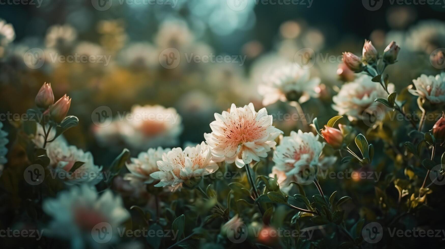 Blumen- Hintergrund klein Weiß Blumen im das Wiese schließen oben Bokeh. generiert ai foto