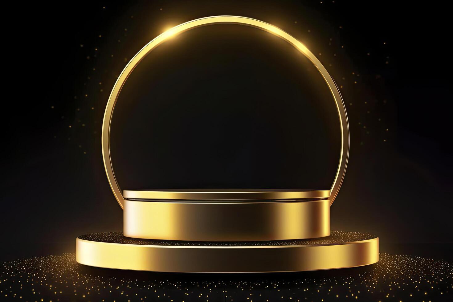 golden runden Metall Kreis Ringe führen zu Podium. leuchtenden. ai generativ foto