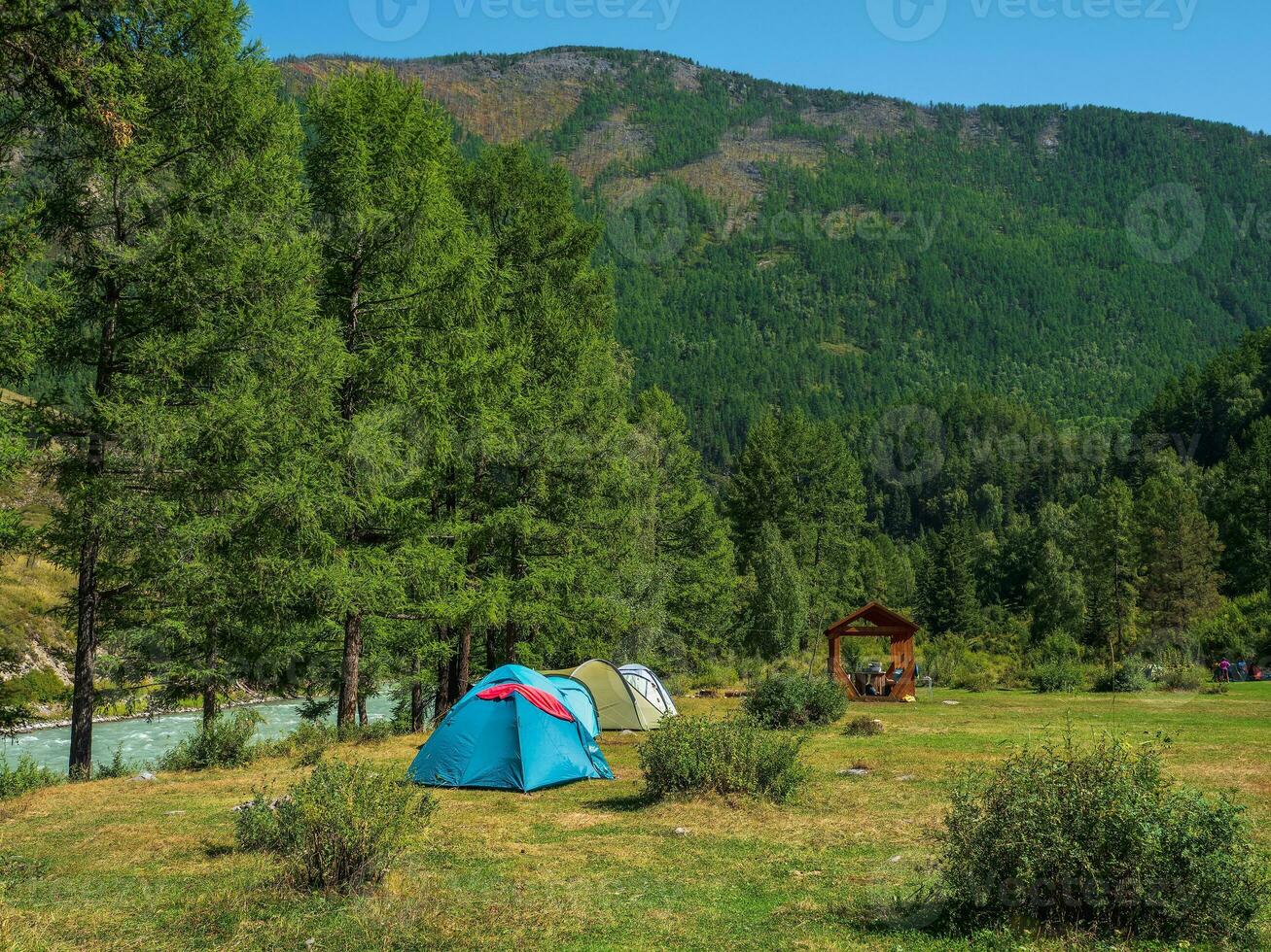 Tourist Zelte auf ein Grün Rasen. kollektiv Camping im ein umweltfreundlich Grün Ort. Expedition Lager im das Herbst Taiga. Camping im das Berg Sommer- Landschaft mit bunt Wald. foto