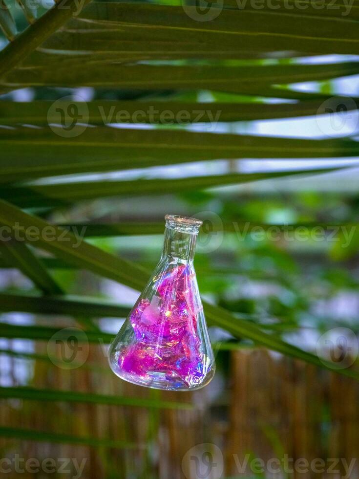 dekorativ Flasche mit Füllstoff auf das Hintergrund von ein Palme Baum foto