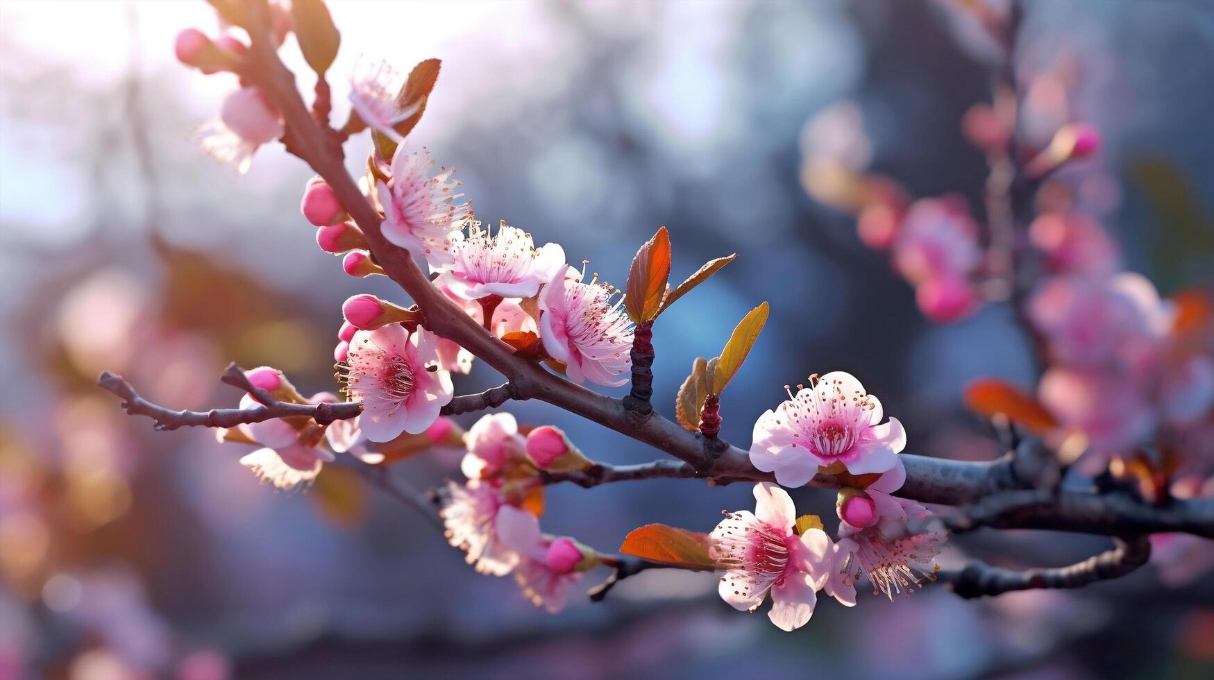 Makro Schuss von Frühling blühen Blume mit Bokeh Hintergrund, Erfassen das Schönheit von ein Kirsche blühen Baum Ast. generativ ai foto