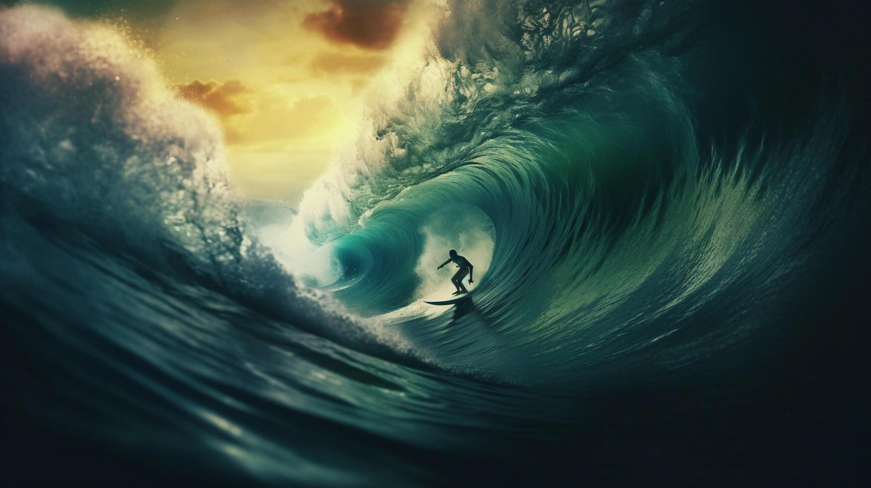 Surfer im Ozean Welle beim Sonnenuntergang mit ai generiert. foto