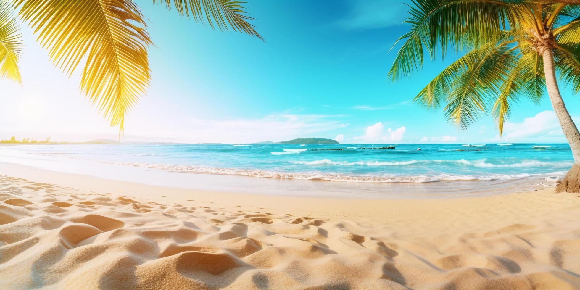 schön tropisch Strand mit Kokosnuss Palme Baum und Sand auf Blau Himmel Hintergrund mit ai generiert. foto