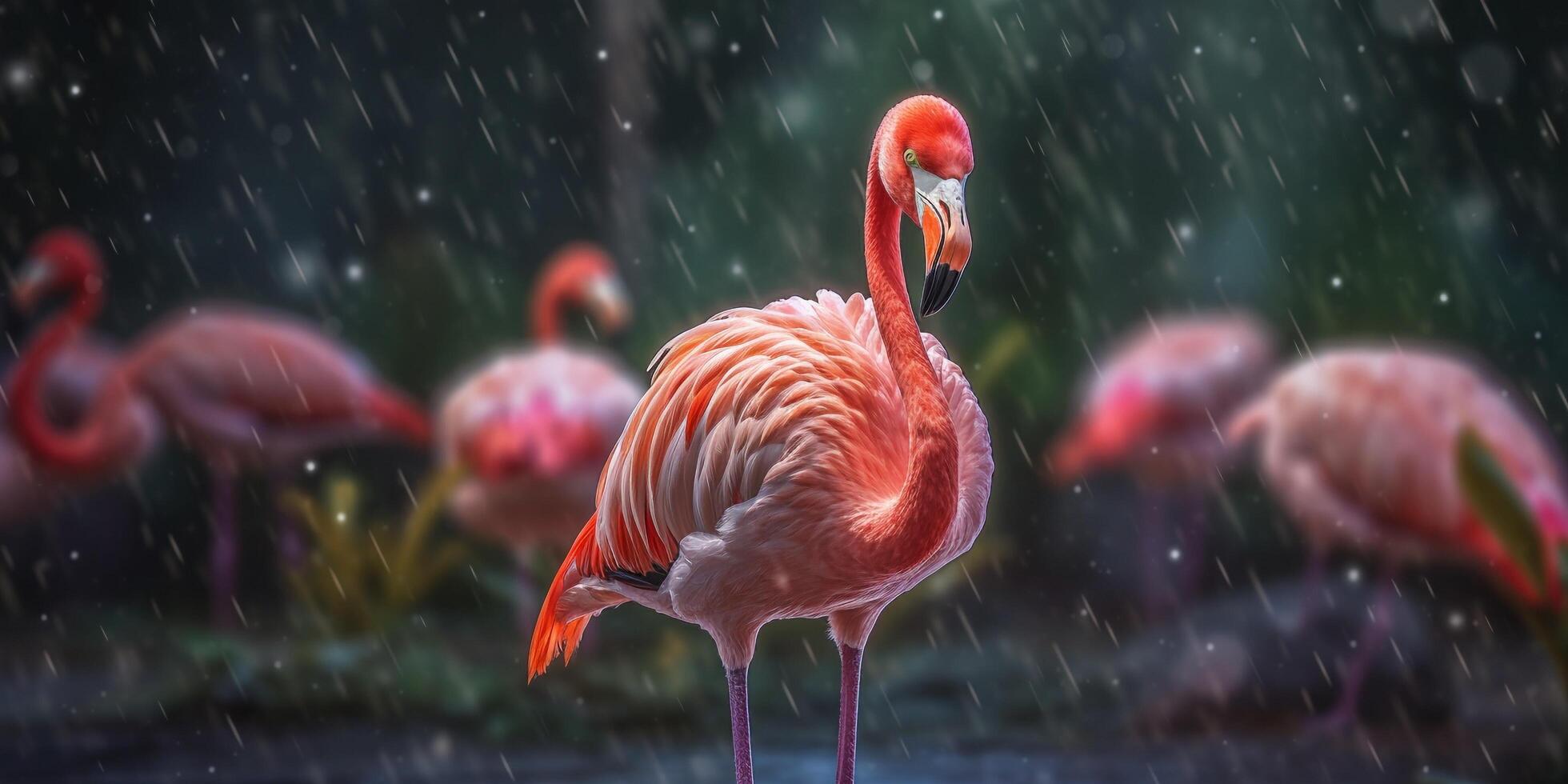 Rosa Flamingo im das Regen mit Bokeh Hintergrund mit ai generiert. foto