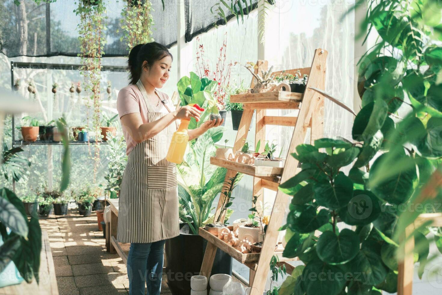 jung Frau Pflanze Inhaber Geschäft Bewässerung Pflanzen im ein Pflanze Geschäft. foto