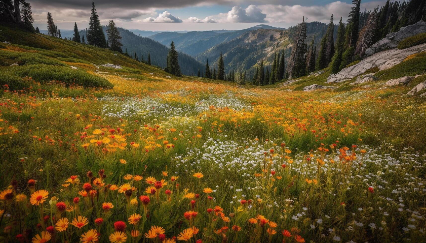 beschwingt Wildblumen schmücken still Wiese beim Sonnenuntergang generiert durch ai foto