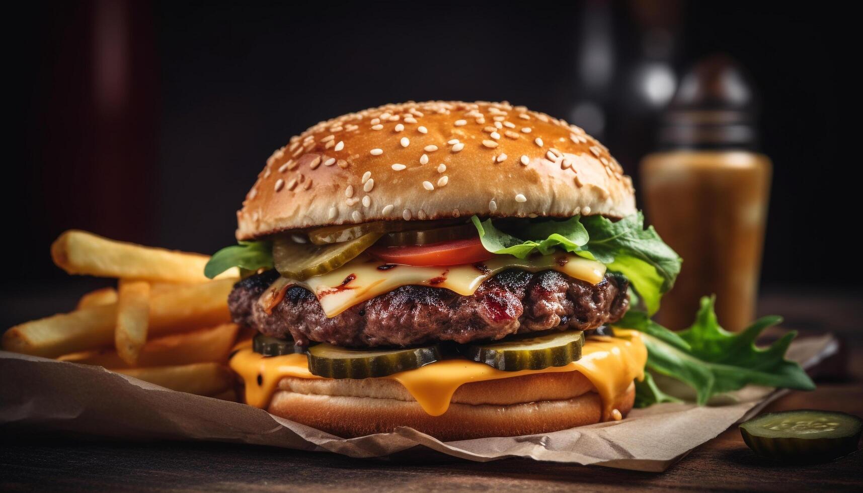 gegrillt Burger und Fritten, klassisch amerikanisch Mittagessen generativ ai foto