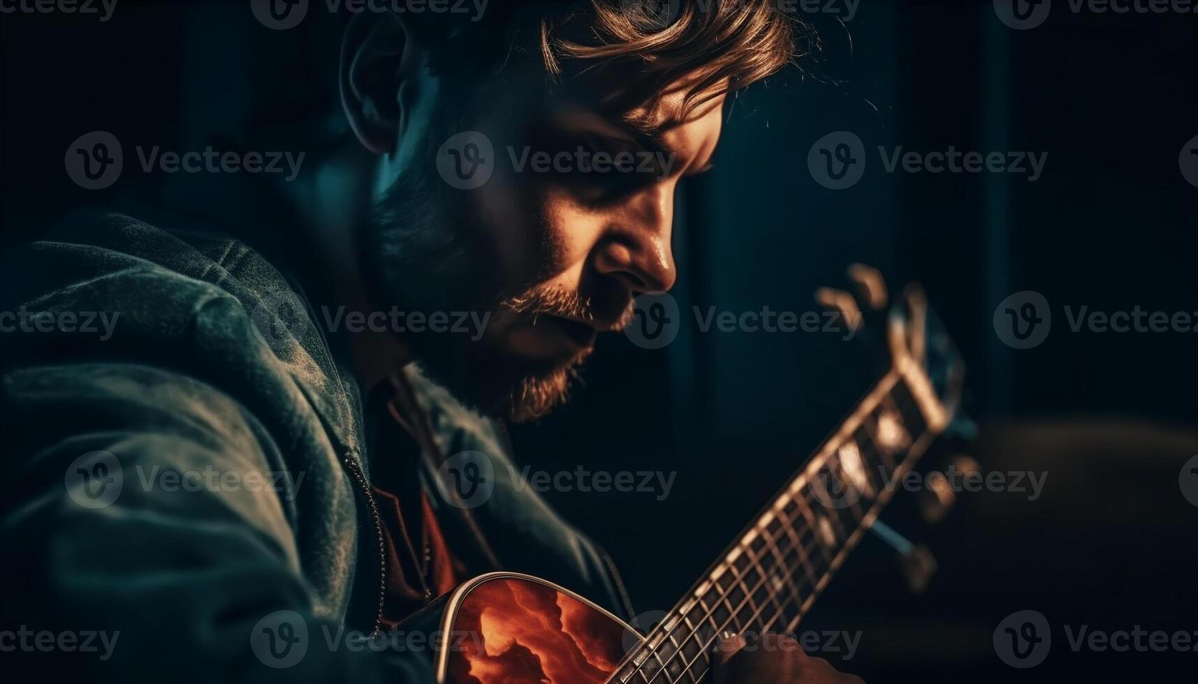 einer männlich Gitarrist spielen akustisch Felsen Musik- Leben generiert durch ai foto