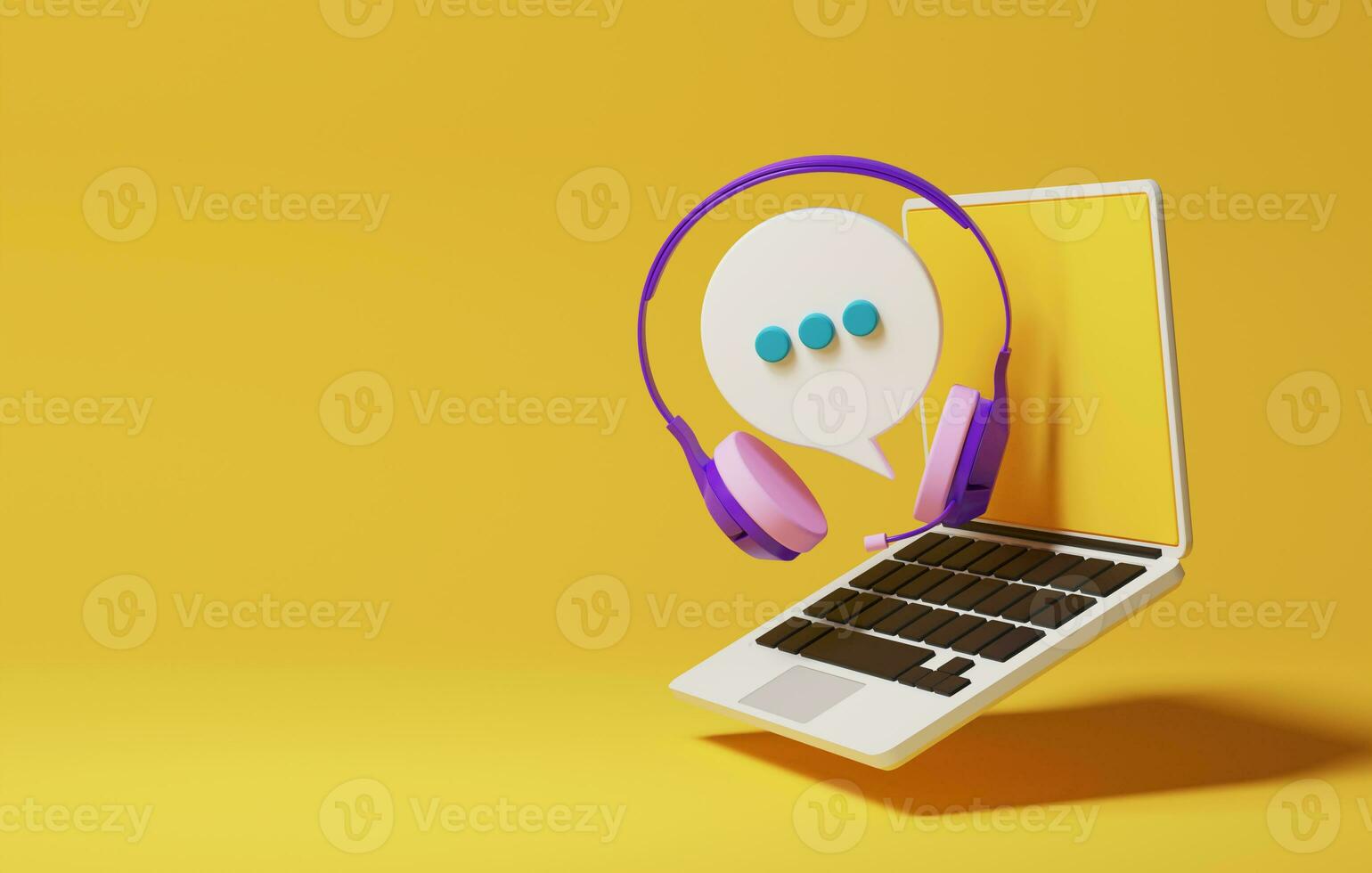 Kopfhörer mit Mikrofon mit Rede Blase Frage Kennzeichen Plaudern Symbol über Laptop auf Gelb Hintergrund. . 3d Wiedergabe, 3d Illustration foto