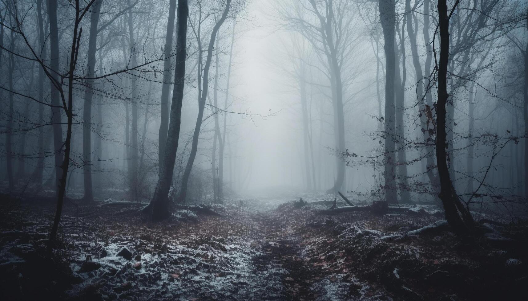 gespenstisch Nebel umgibt dunkel, mysteriös Herbst Wald generiert durch ai foto