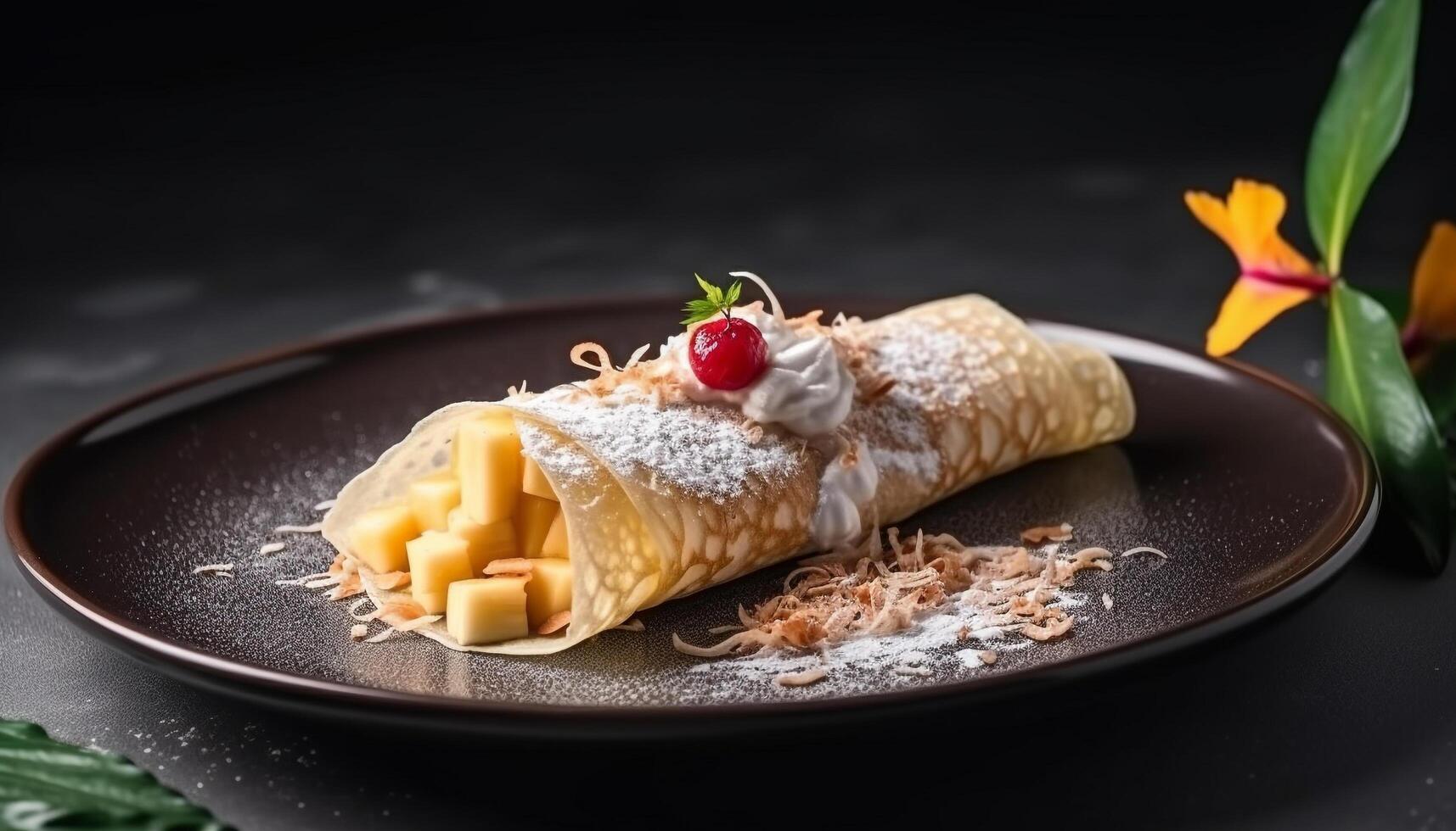 frisch gebacken Krepp Stapel mit Beere Soße generiert durch ai foto