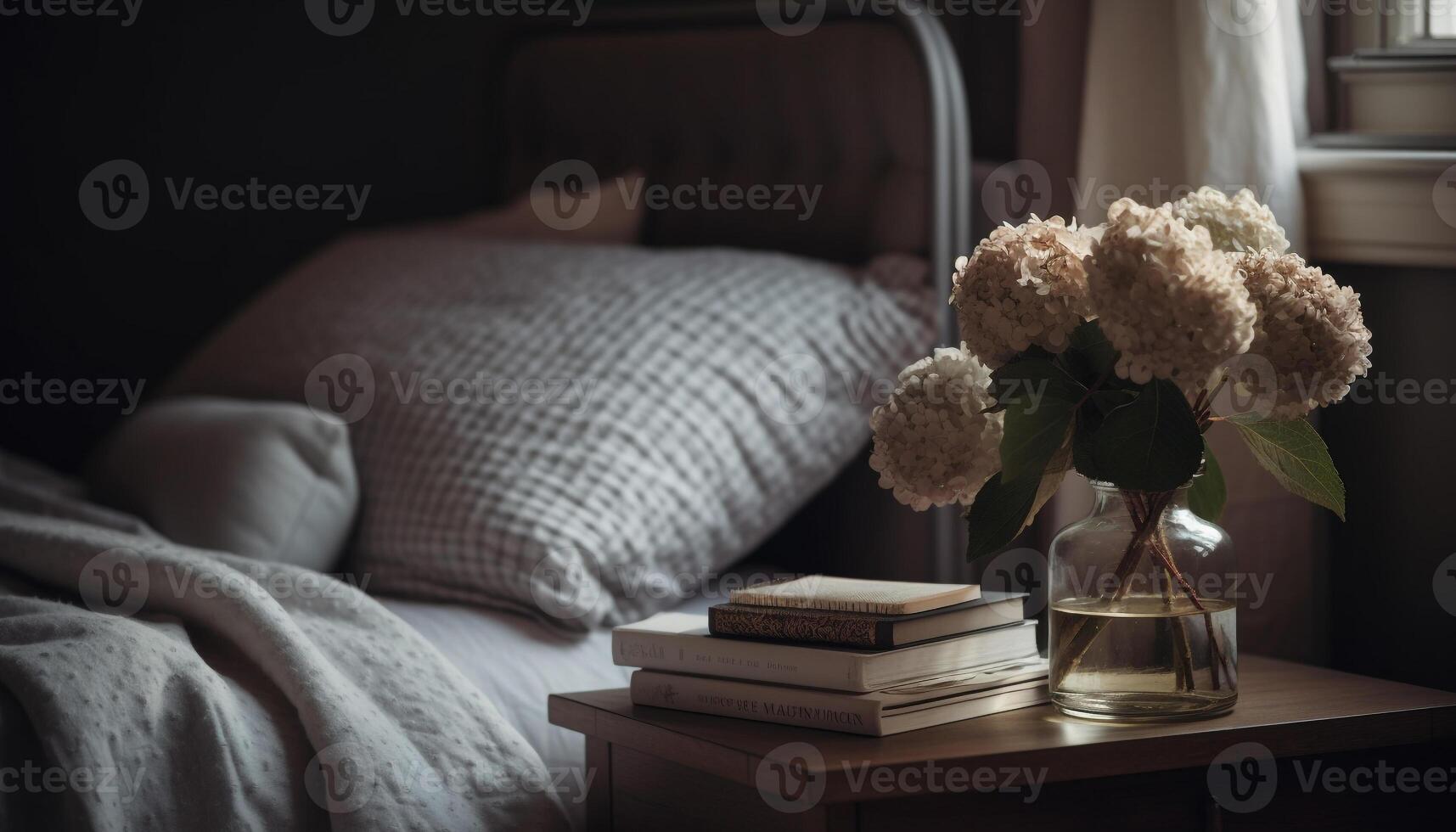 komfortabel Bett mit modern Dekor und frisch Blumen generiert durch ai foto