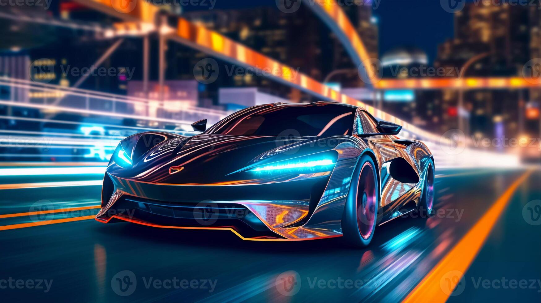 futuristisch Sport Auto auf Neon- Autobahn. mächtig Beschleunigung