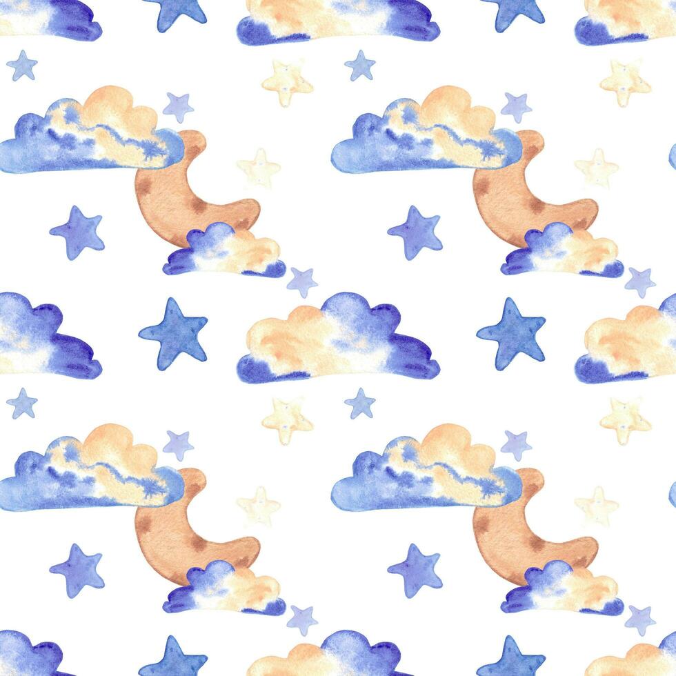 handgemalt Aquarell Mond, Wolken und Sterne nahtlos Muster Kinder- Textil. Sammelalbum Design, Typografie Poster, Etikett, Banner, Post Karte. foto