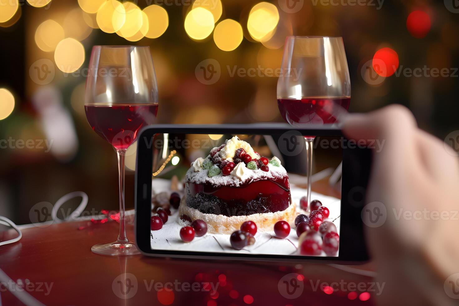 Essen und trinken gegen ein festlich Restaurants Bokeh Hintergrund, generativ ai. foto