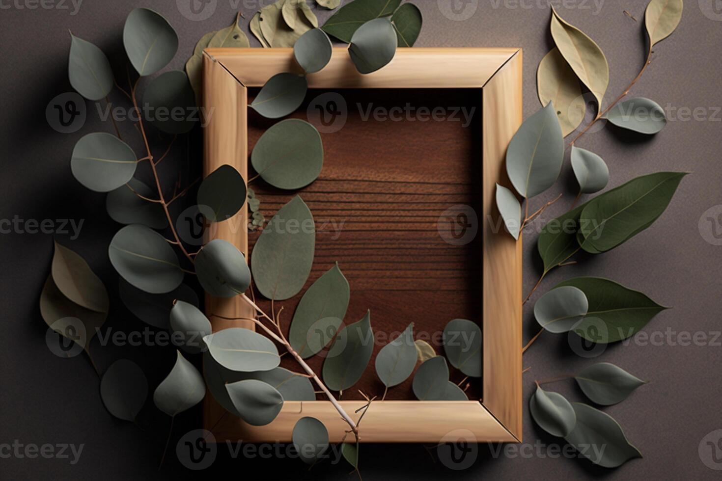 Eukalyptus und hölzern Tafel Rahmen ai generiert foto