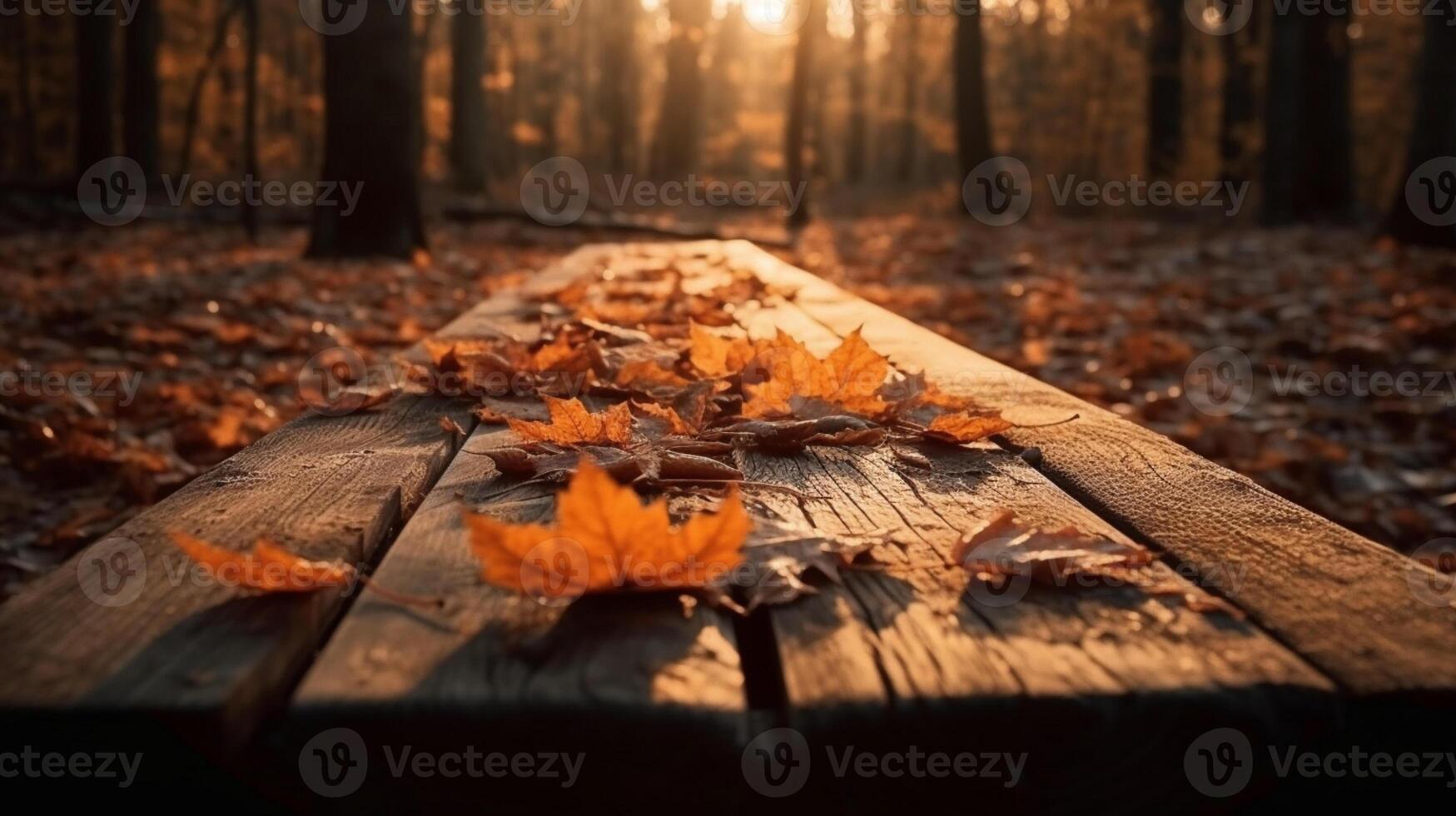 Herbst Tabelle - - Orange Blätter und hölzern Planke beim Sonnenuntergang im Wald ai generiert foto