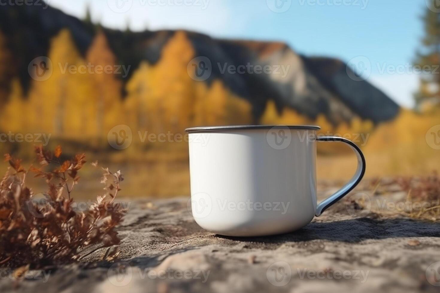 leer Emaille Kaffee Tasse Attrappe, Lehrmodell, Simulation, leeren Camping Becher im wild Natur, Präsentation ai generiert foto