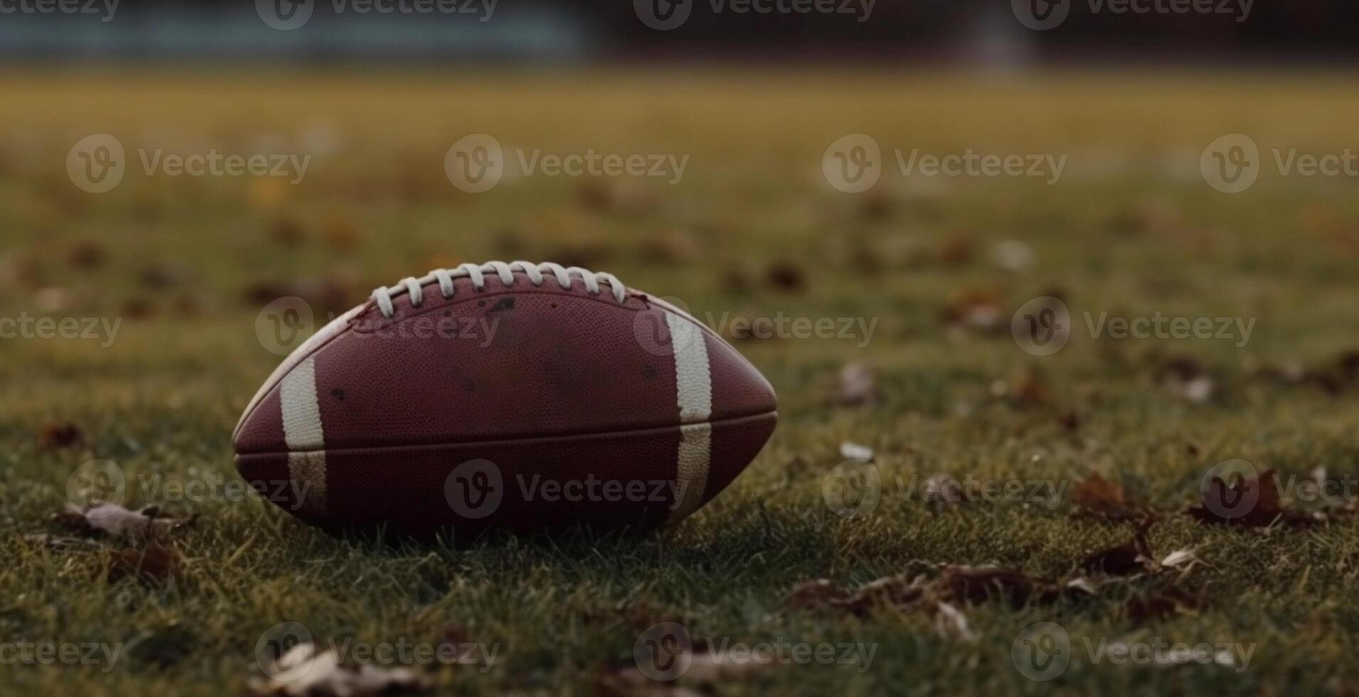 Spiel Zeit, ein Nahansicht von ein amerikanisch Fußball auf das Feld von abspielen ai generiert foto