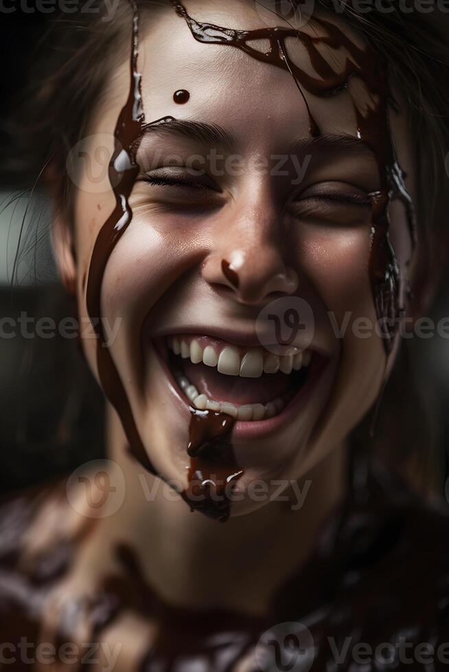 ein Mädchen mit Schokolade auf ihr Gesicht mit Schokolade. generativ ai foto