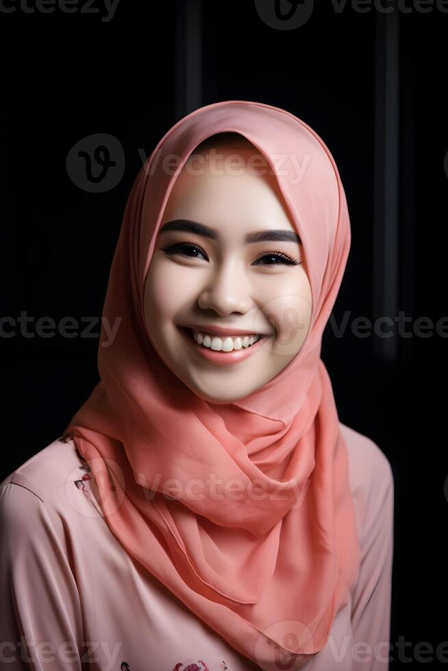 Porträt von ein schön Süd Osten asiatisch Muslim Frau tragen Hijab und lächelnd. generativ ai foto