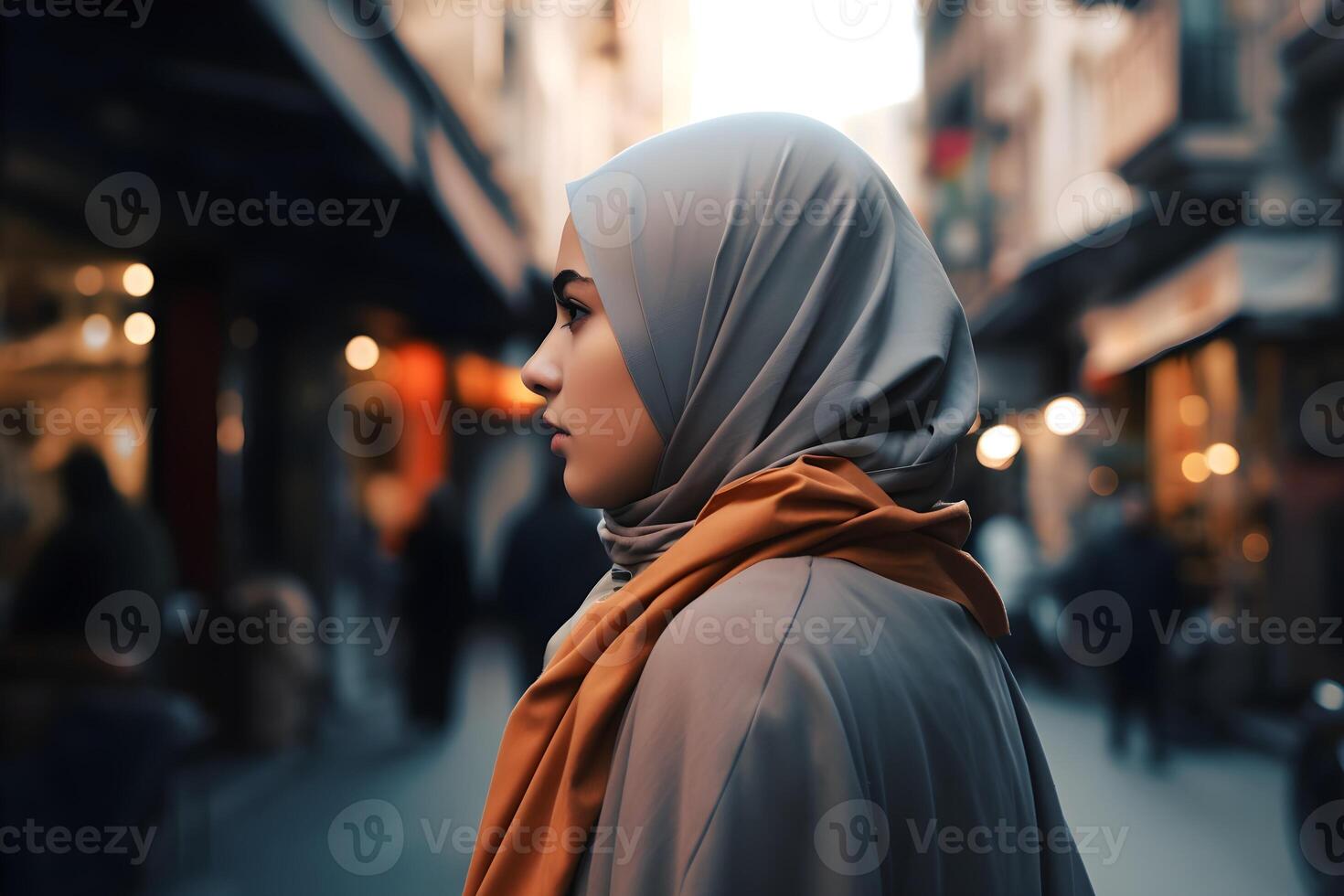 schön Muslim Frau tragen Hijab steht im ein Stadt Straße. generativ ai foto