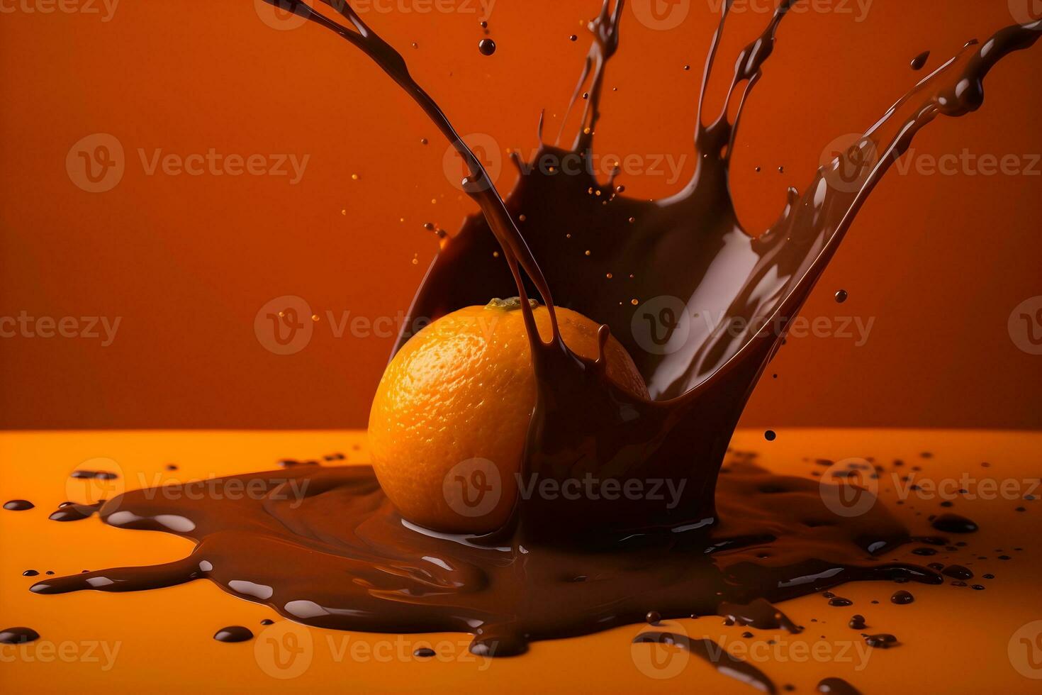 Spritzen von Schokolade mit Orange auf Orange Hintergrund mit Copyspace foto