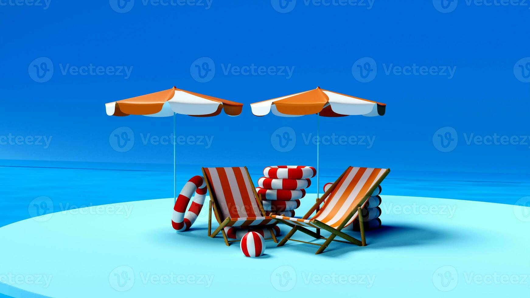 Strand Regenschirme mit Stühle und Strand Zubehör auf ein hell Blau Hintergrund. foto