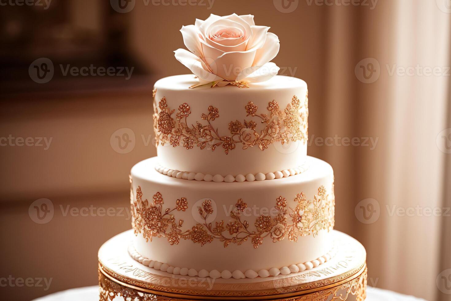 diese atemberaubend Hochzeit Kuchen ist sicher zu beeindrucken mit es ist kompliziert Rose Dekorationen und hoch aufragend Ebenen. perfekt zum irgendein elegant Feier. ai generiert. foto