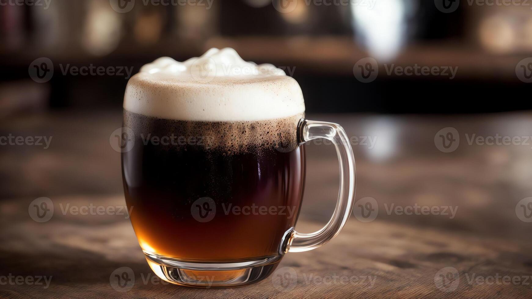 Wurzel Bier Becher mit schaumig Schaum und Hintergrundbeleuchtung. ai generiert. foto