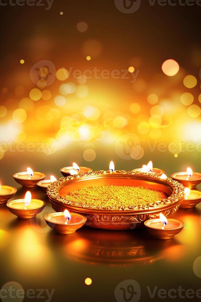 Illustration von Diwali Festival Diya Lampe mit Rangoli beim das Unterseite. ai generiert. foto