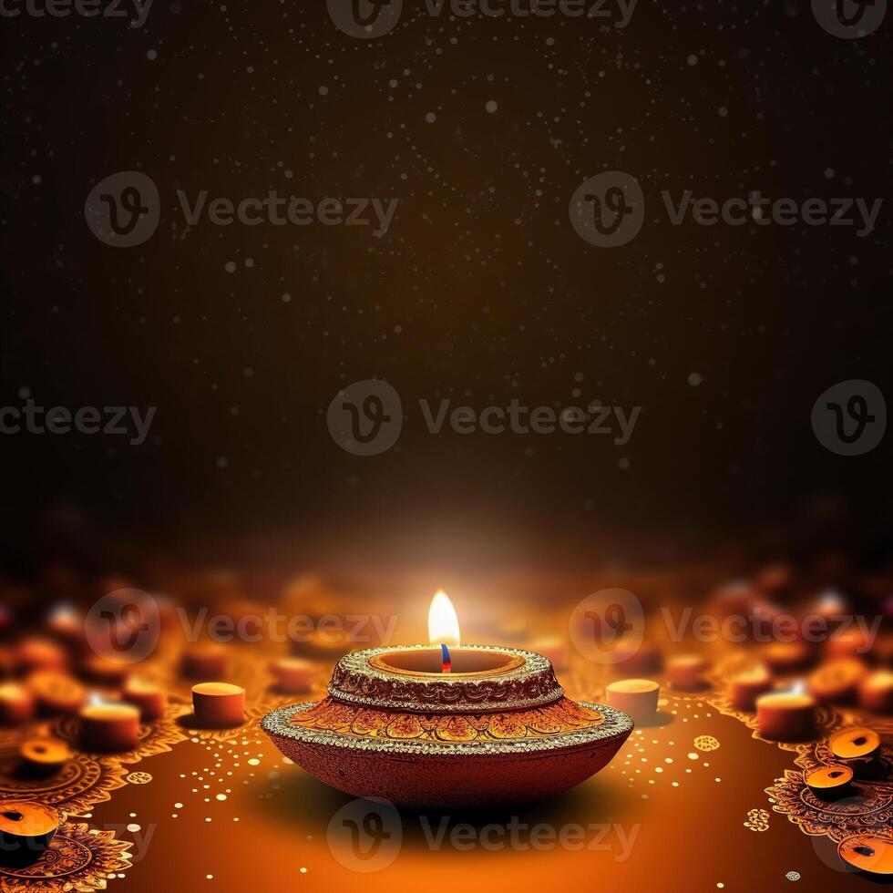 Illustration von Diwali Festival Diya Lampe mit Rangoli beim das Unterseite. ai generiert. foto