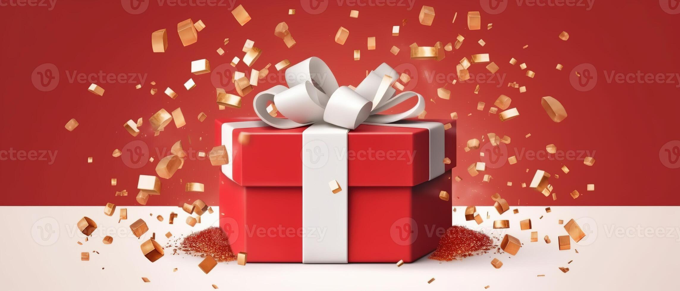 glücklich Boxen Tag Banner mit Geschenk Box auf rot Hintergrund. Boxen Tag Konzept. ai generiert. foto