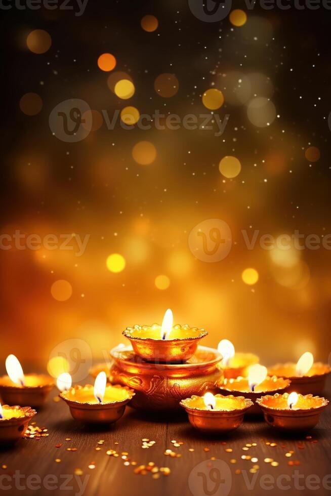 Illustration von Diwali Festival Diya Lampe mit Rangoli beim das Unterseite. ai generiert. foto