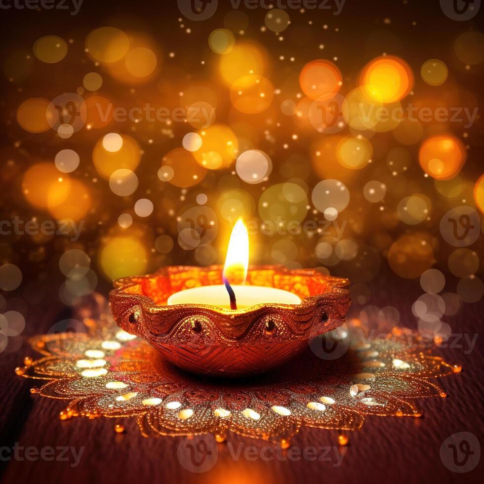 Illustration von Diwali Festival Diya Lampe mit Rangoli beim das Unterseite. ai generiert. foto