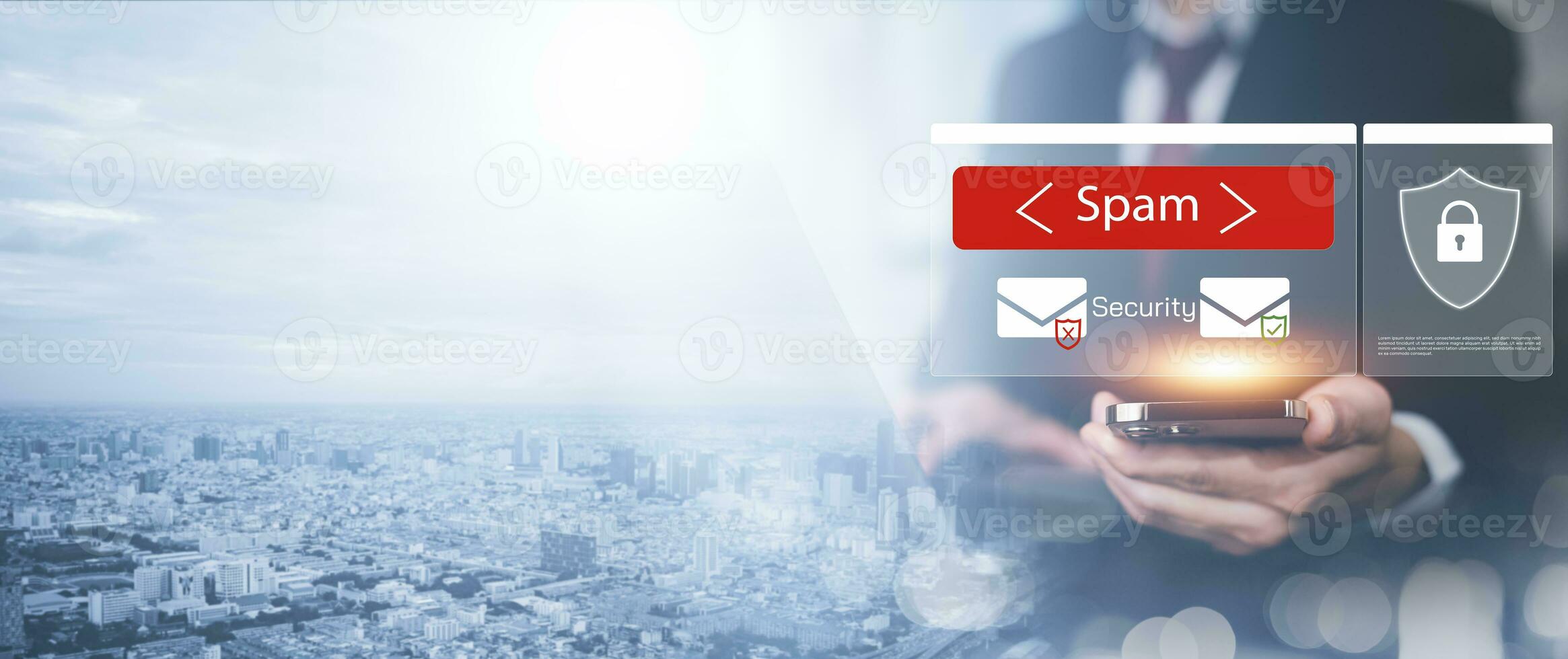 E-Mail-Konzept mit Laptop-Spam und Virencomputer-Monitor Internet-Sicherheitskonzept, Geschäftsmann, der E-Mail mit einem Laptop liest. Spam, Junk und E-Marketing auf dem Bildschirm, Popup-Warnung für Spam-E-Mails. foto