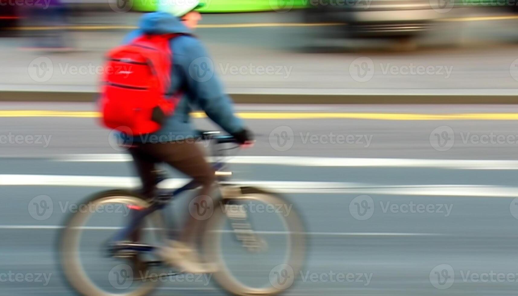 gesund Radfahrer Geschwindigkeiten durch Stadt der Verkehr im Freizeit Verfolgung generiert durch ai foto