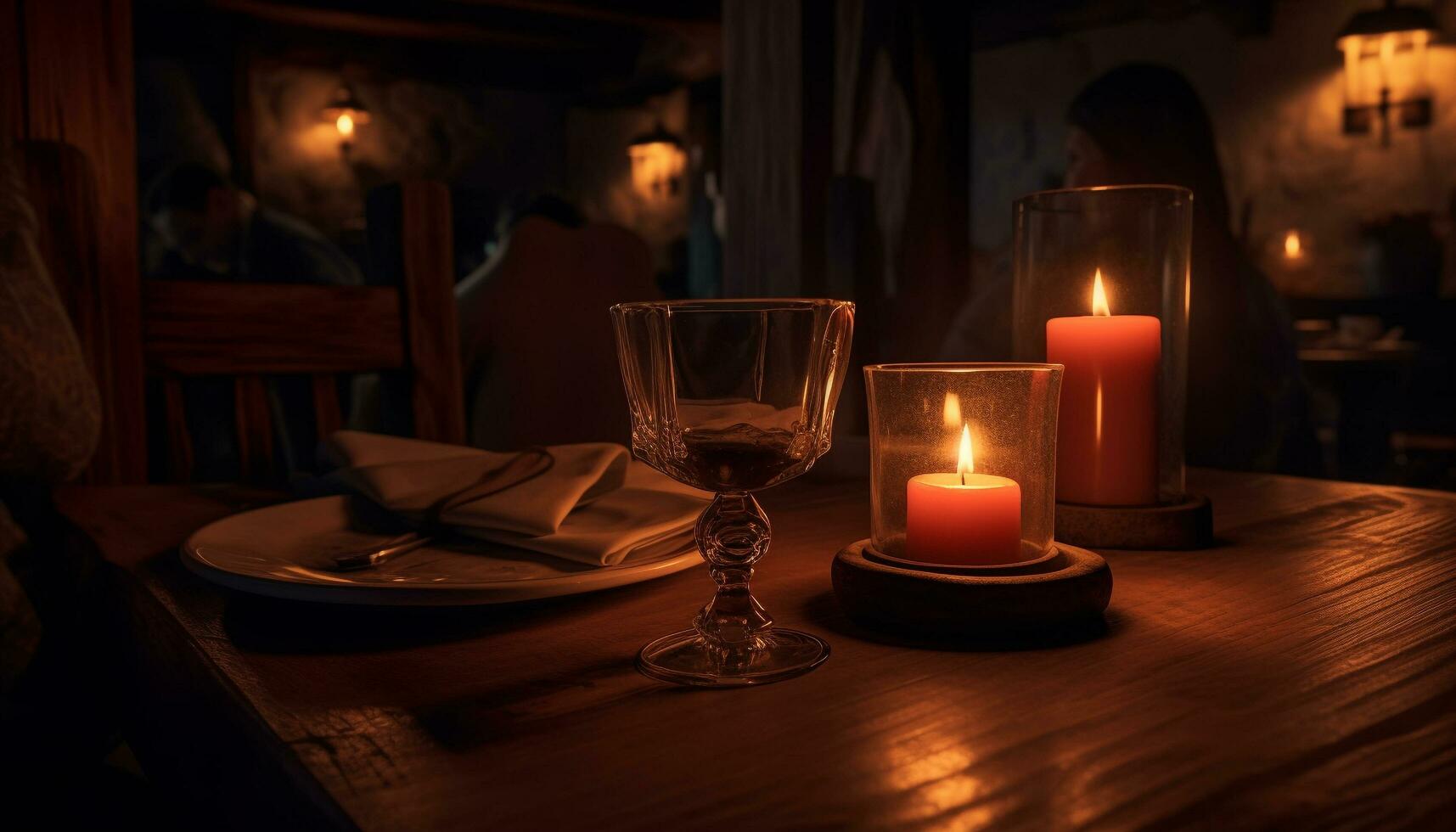 Kerze Verbrennung auf Tabelle leuchtet gemütlich Winter Atmosphäre drinnen generiert durch ai foto