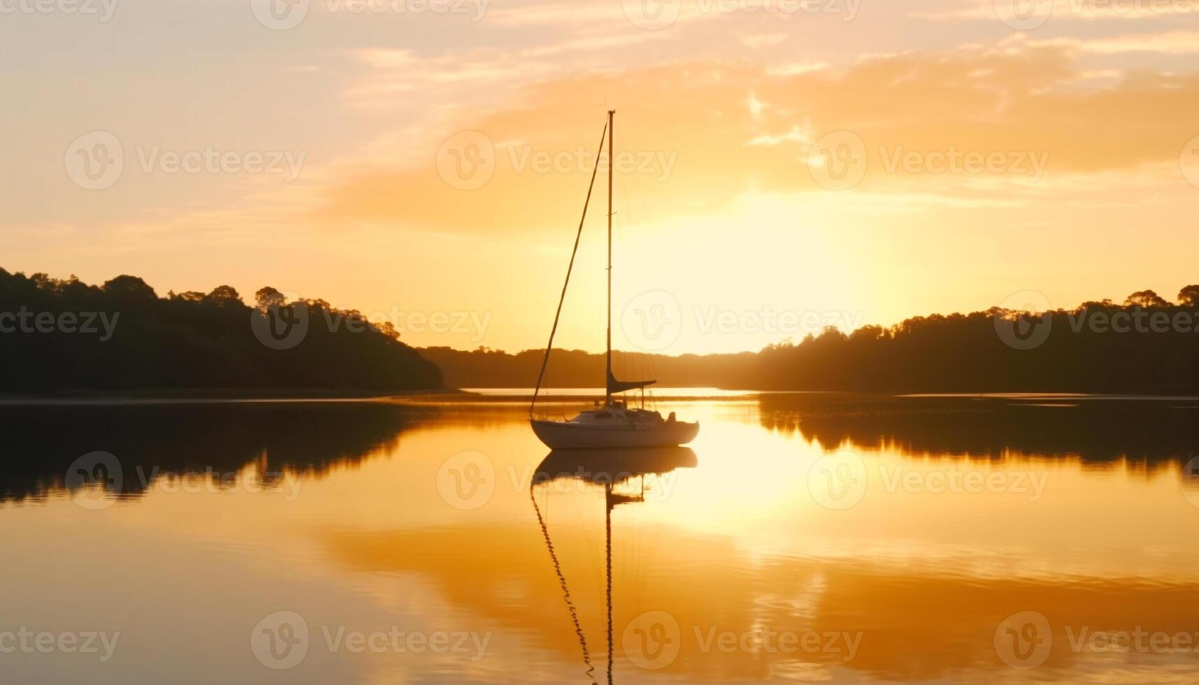 Segeln Yacht gleitet auf still Wasser, von hinten beleuchtet durch Sonnenuntergang generiert durch ai foto