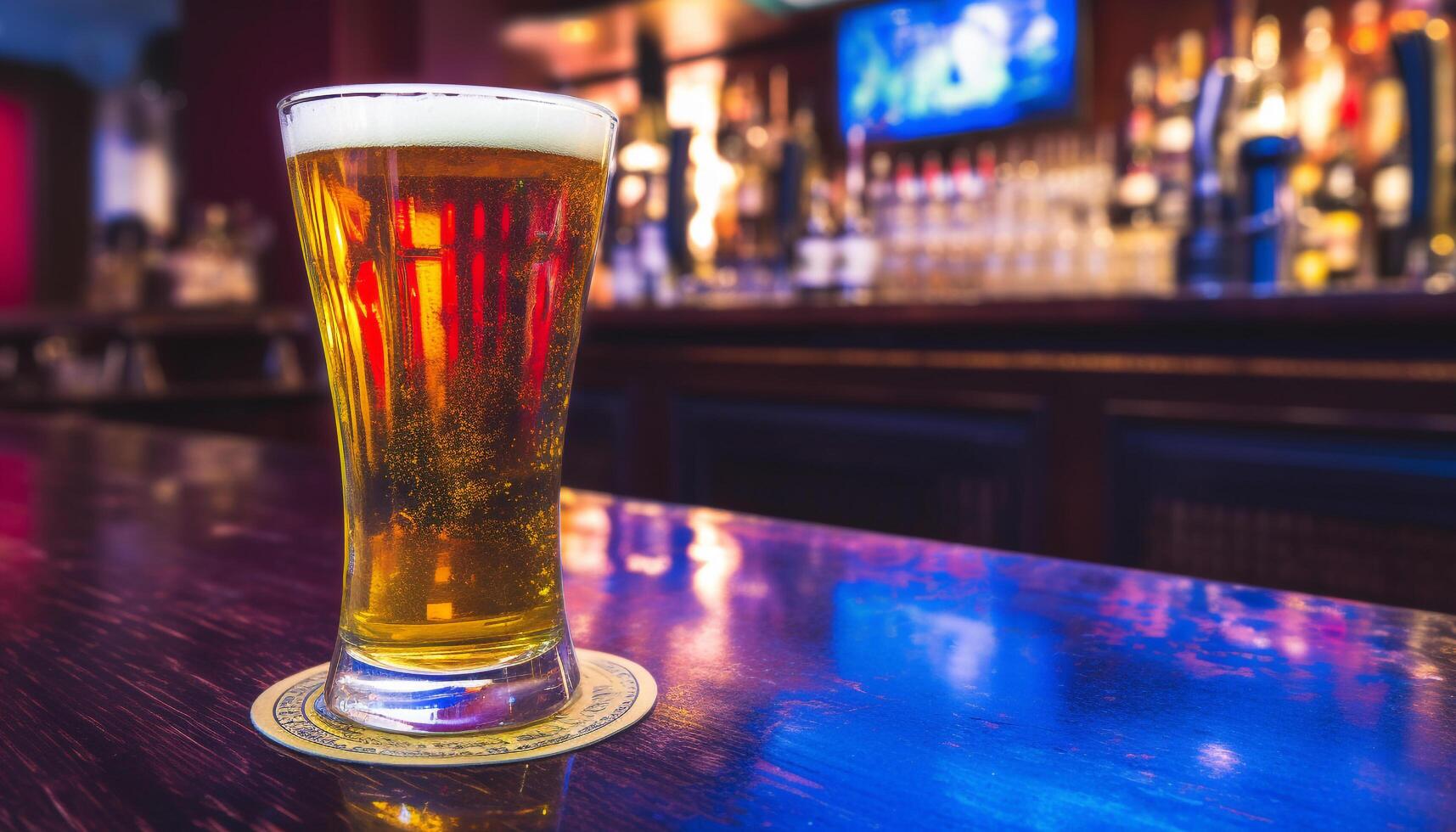 schaumig Bier Glas auf Bar Schalter, beleuchtet im Blau Beleuchtung generiert durch ai foto