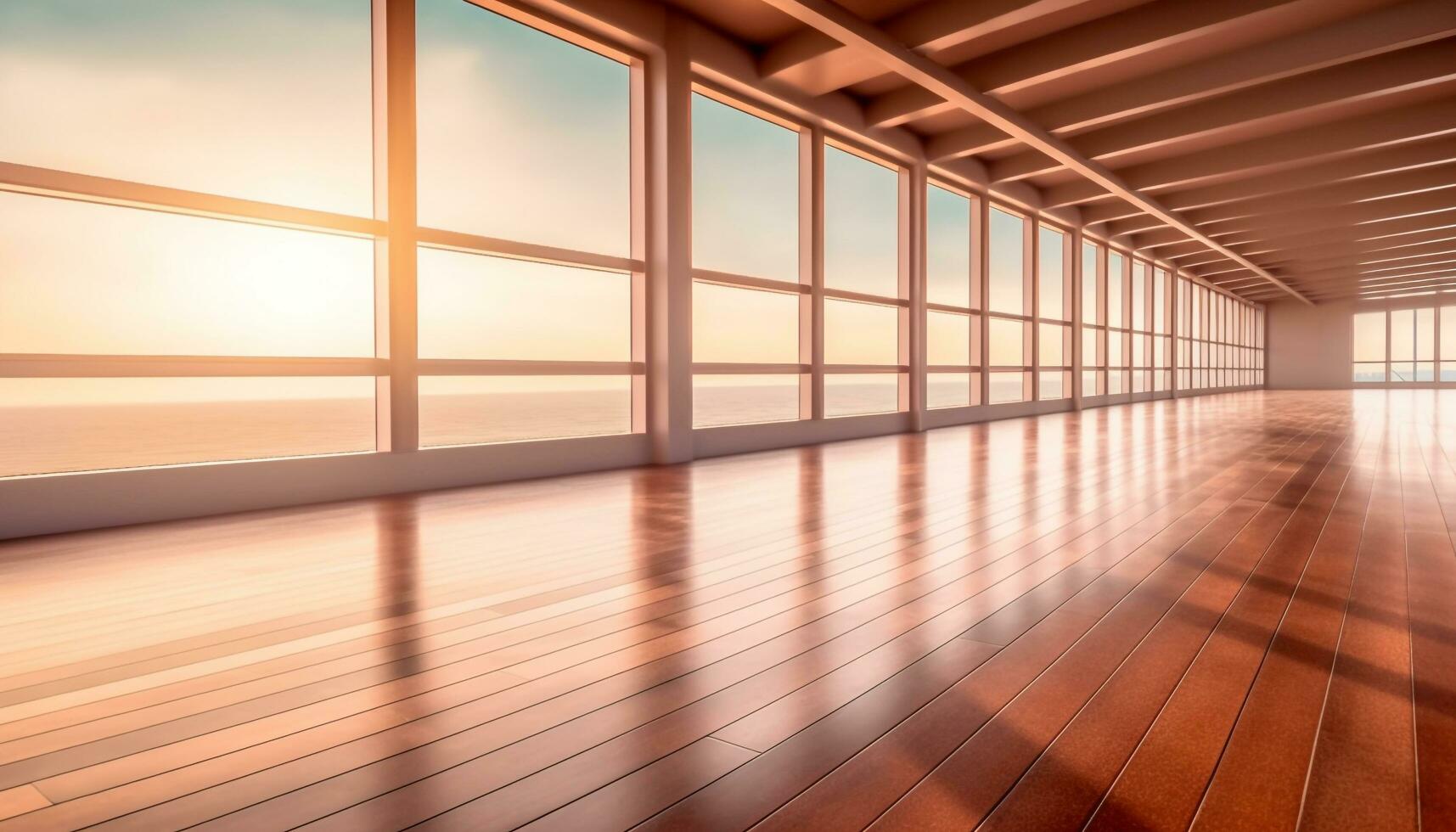 futuristisch die Architektur leeren inländisch Zimmer mit gestreift Bodenbelag und Sonnenlicht generiert durch ai foto
