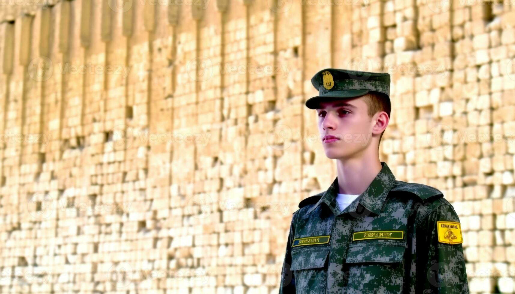 bewaffnet Sicherheit Offizier im Militär- Uniform Stehen draußen, suchen ernst generiert durch ai foto
