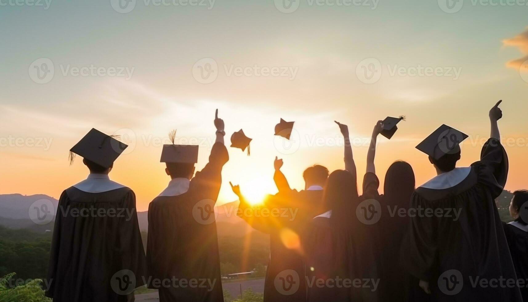 Absolventen feiern Erfolg mit Diplom, Kleid, und heiter lächelt draußen generiert durch ai foto