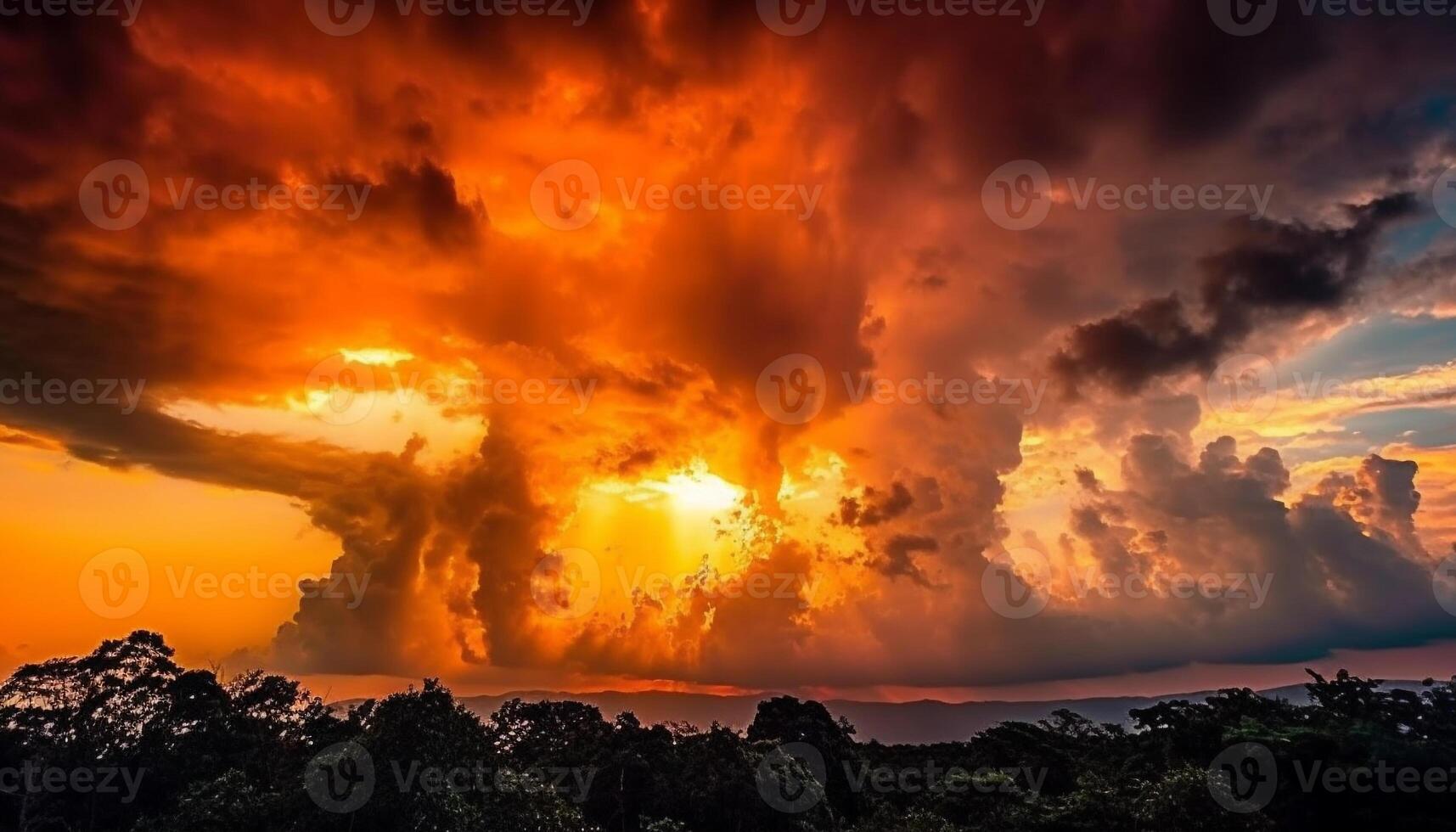 beschwingt Sonnenuntergang Himmel, von hinten beleuchtet Baum, idyllisch ländlich Berg Landschaft Schönheit generiert durch ai foto