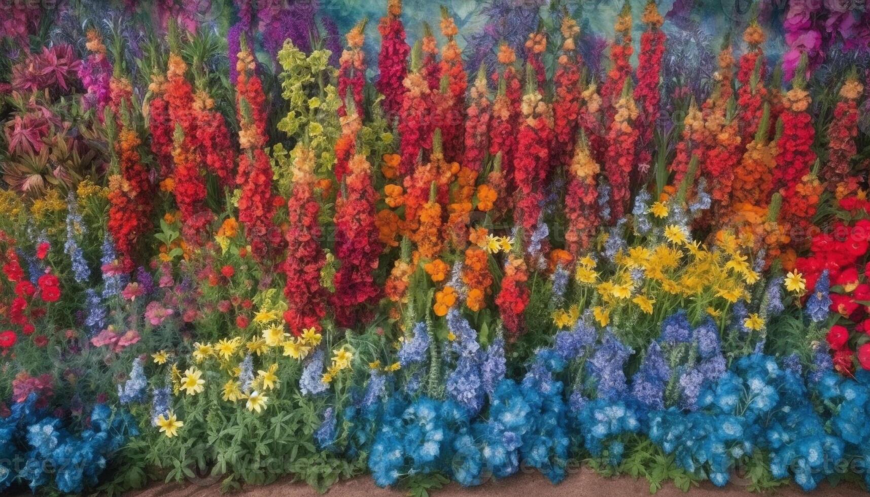 beschwingt Strauß von multi farbig Blumen erhellt oben formal Garten generiert durch ai foto